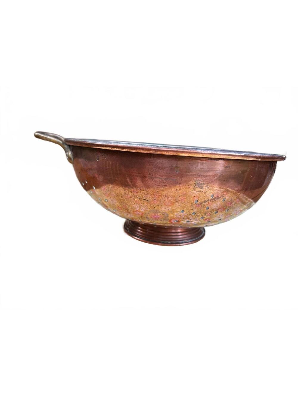 Vintage Copper Tin Lined Footed Colander Strainer 11"